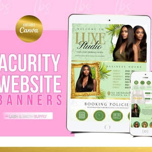 Könnte beinhalten: Ein digitales Marketingbanner für einen Schönheitssalon namens "Luxe Studio". Das Banner zeigt ein grünes und goldenes Farbschema mit Bildern von Frauen mit langen, fließenden Haaren. Das Banner enthält die Adresse des Salons, die Geschäftszeiten und Buchungsinformationen.