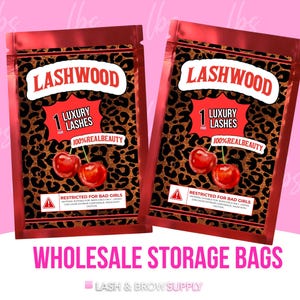 May include: Two red Lashwood storage bags with a leopard print background, cherries, and text. Each bag reads "1 Luxury Lashes" and "100% Real Beauty". The bottom of the bags read "Wholesale Storage Bags".