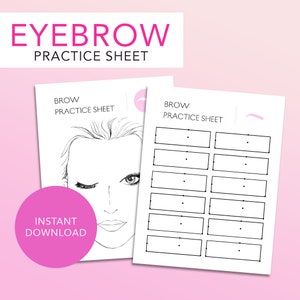 May include: Printable eyebrow practice sheet with a drawing of a woman's face and multiple blank spaces for practicing eyebrow shapes. The text "BROW PRACTICE SHEET" is at the top of the page.