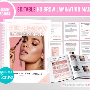 Puede incluir: Manual de laminación de cejas HD editable con materiales de capacitación y cursos para uso profesional. El manual presenta una portada rosa con una foto de una mujer que se está laminando las cejas. El manual está diseñado para ser editado con Canva.
