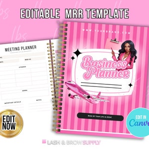 May include: Editable pink and white business planner template with a cartoon woman in a pink suit and a plane. The text "Business Planner" is in a pink and white retro font. The text "Boss Up Your Life in 2024!" is at the bottom of the page. The text "Edit in Canva" is in a blue circle at the bottom right corner of the page. The text "www.yourbrand.com" is at the top of the page.