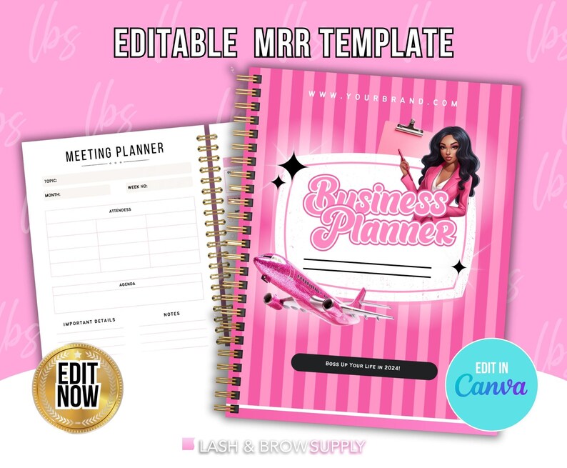 May include: Editable pink and white business planner template with a cartoon woman in a pink suit and a plane. The text "Business Planner" is in a pink and white retro font. The text "Boss Up Your Life in 2024!" is at the bottom of the page. The text "Edit in Canva" is in a blue circle at the bottom right corner of the page. The text "www.yourbrand.com" is at the top of the page.