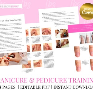 May include: A pink and white printable guide for manicure and pedicure training. The guide includes 98 pages of instructions and illustrations. The text on the guide reads "Manicure & Pedicure Training 98 Pages | Editable PDF | Instant Download".