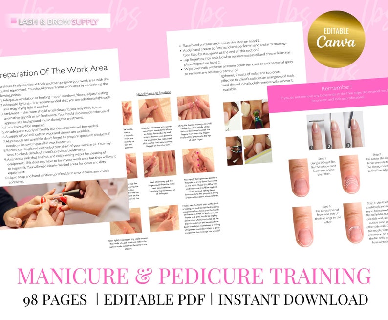 May include: A pink and white printable guide for manicure and pedicure training. The guide includes 98 pages of instructions and illustrations. The text on the guide reads "Manicure & Pedicure Training 98 Pages | Editable PDF | Instant Download".