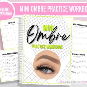 Puede incluir: Un mini libro de práctica de ombré con un patrón de cuadrícula en la portada. El libro incluye páginas de práctica para delinear, polvo ombré y técnicas de repolvoreado. La portada también presenta una imagen de primer plano de un ojo con una ceja completa y oscura.