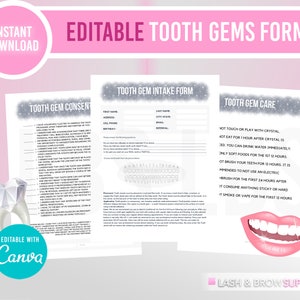 Tooth Gems Forms, Teeth gems, Editable Intake form, Intake, teeth whitening, Tooth Jewelry, EstheticianConsent Forms, aftercare, Educator