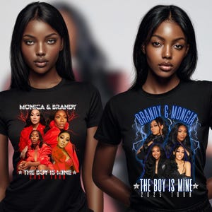 Pode incluir: T-shirts pretas com um gráfico da dupla musical Monica e Brandy. As camisas exibem o texto "MONICA & BRANDY" e "BRANDY & MONCIA" com a frase "THE BOY IS MINE" e "2025 TOUR". O gráfico inclui imagens das cantoras.