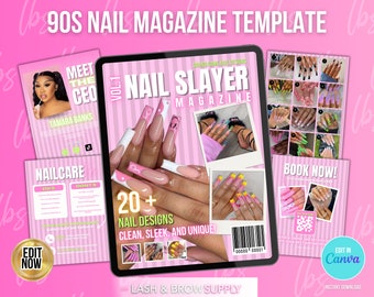 May include: A pink and white magazine cover with the title "Nail Slayer Magazine" and a photo of a hand with colorful nail designs. The magazine cover also includes the text "20+ Nail Designs Clean, Sleek, and Unique!" and "Lash & Brow Supply".