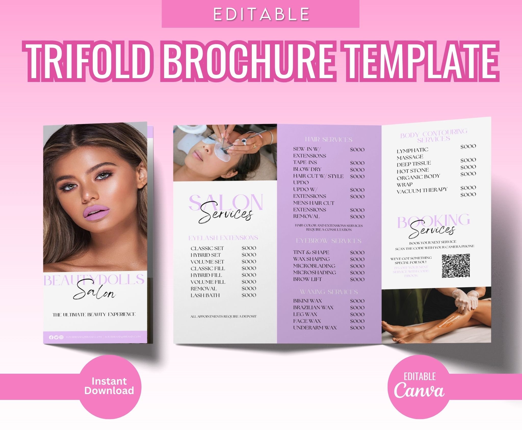 Trifold Brochure Template, Beauty Salon Leaflet, Tri-Fold Day spa Price List, DIY Spa Price List, Printable Pamphlet Massage Brochure Design