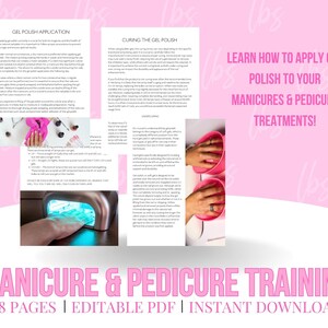 Puede incluir: Una descarga digital rosa y blanca para una gu&iacute;a de entrenamiento de manicura y pedicura de 118 p&aacute;ginas. El texto "LEARN HOW TO APPLY GEL POLISH TO YOUR MANICURES & PEDICURE TREATMENTS!" est&aacute; en un cuadro rosa sobre un fondo rosa. El texto "MANICURE & PEDICURE TRAINING" est&aacute; en un cuadro rosa sobre un fondo blanco. El texto "118 PAGES | EDITABLE PDF | INSTANT DOWNLOAD" est&aacute; en un cuadro blanco sobre un fondo rosa.
