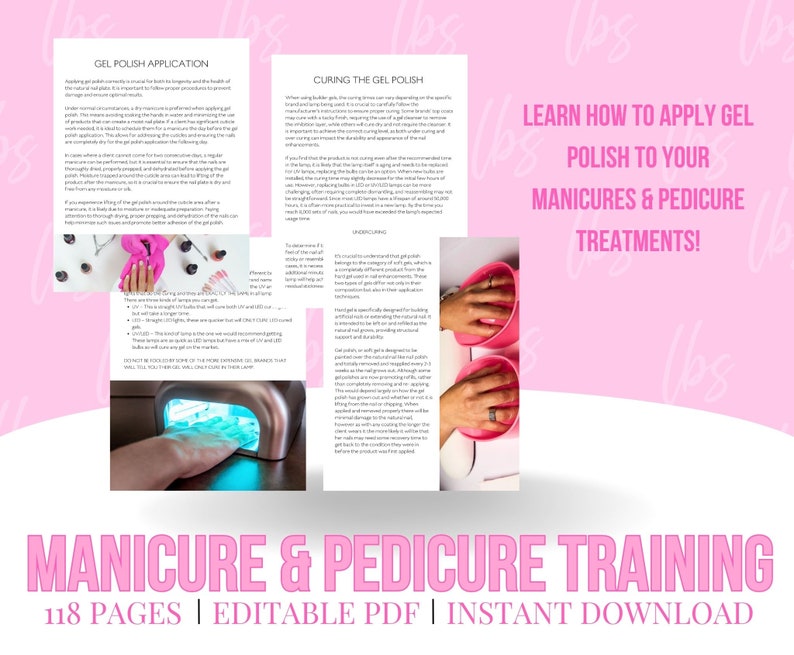 Puede incluir: Una descarga digital rosa y blanca para una gu&iacute;a de entrenamiento de manicura y pedicura de 118 p&aacute;ginas. El texto "LEARN HOW TO APPLY GEL POLISH TO YOUR MANICURES & PEDICURE TREATMENTS!" est&aacute; en un cuadro rosa sobre un fondo rosa. El texto "MANICURE & PEDICURE TRAINING" est&aacute; en un cuadro rosa sobre un fondo blanco. El texto "118 PAGES | EDITABLE PDF | INSTANT DOWNLOAD" est&aacute; en un cuadro blanco sobre un fondo rosa.