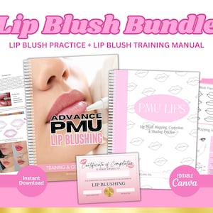 Peut inclure: Un ensemble rose et blanc pour la formation au blush des lèvres. Le lot comprend un manuel de formation, des feuilles de pratique et un certificat de réussite. Le texte sur la couverture du manuel est "Advance PMU Lip Blushing Training & Course". Le texte sur la couverture des feuilles de pratique est "PMU Lips Lip Blush Mapping, Correction & Shading Practice". Le texte sur le certificat de réussite est "Certificate of Completion is hereby awarded to for completing all requirements to be certified in Lip Blushing".