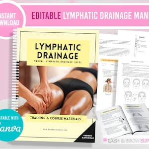 Może przedstawiać: Edytowalny podręcznik drenażu limfatycznego z materiałami szkoleniowymi i kursowymi do użytku profesjonalnego. Podręcznik ma ż&oacute;łtą okładkę z tytułem "Drenaż limfatyczny" i zdjęcie osoby otrzymującej masaż. Podręcznik zawiera materiały dodatkowe.