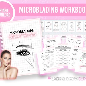 Puede incluir: Un libro de trabajo rosa y blanco titulado "Microblading Student Workbook" con una página cuadriculada que muestra un primer plano de un ojo y una ceja con líneas y números. El libro de trabajo está abierto en una página con el título "Eyebrow Part 1" y un dibujo de una ceja con líneas y números.