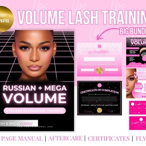 May include: A pink and black training manual for Russian and Mega Volume Eyelash Extensions. The manual has 100 pages and includes aftercare instructions, certificates, and flyers.
