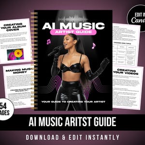 Puede incluir: Un cuaderno con espiral titulado "AI MUSIC ARTIST GUIDE", con una mujer con un micrófono. La portada muestra el texto "AI MUSIC ARTIST GUIDE" y "Your Guide to Creating Your Artist". También se ven varias páginas con texto.