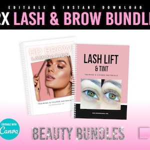 May include: Two pink and white training manuals with the text "HD Brow Lamination" and "Lash Lift & Tint" on the covers. The manuals are for professional use and include training and course materials. The text "Beauty Bundles" is at the bottom of the image.
