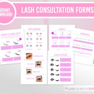 Könnte beinhalten: Ein Satz druckbarer Wimpern-Beratungsformulare mit Illustrationen verschiedener Augenformen, Wimpernstile, Locken und Längen. Die Formulare sollen Wimperntechniker bei der Beratung von Kunden unterstützen und das beste Wimpernset für deren Bedürfnisse ermitteln.