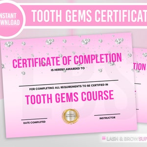 Tooth Jewelry Certificate, Teeth gems Certificate, dental jewelry, Certificate of completion, Esthetician, Tooth gems