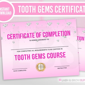 Tooth Jewelry Certificate, Teeth gems Certificate, dental jewelry, Certificate of completion, Esthetician, Tooth gems