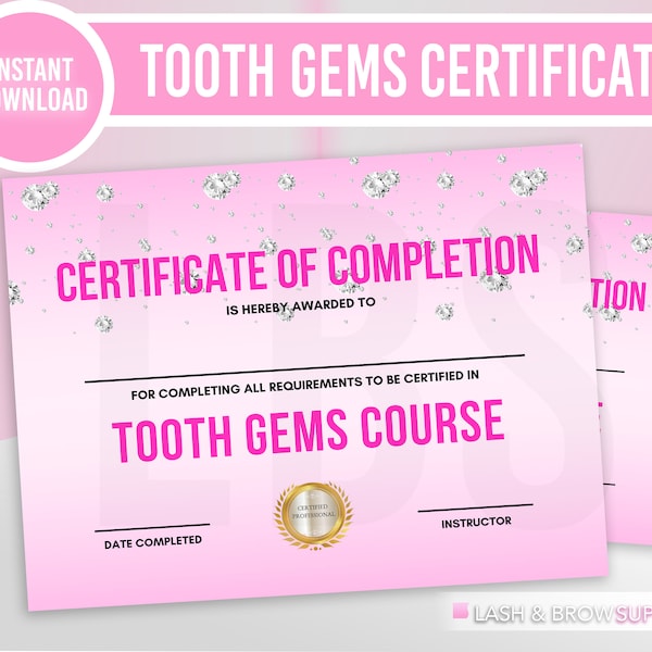 Tooth Jewelry Certificate, Teeth gems Certificate, dental jewelry, Certificate of completion, Esthetician, Tooth gems