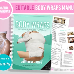 May include: A teal and white spiral bound manual titled "Body Wraps Training & Course Materials" with a photo of a person receiving a body wrap treatment. The manual includes information on different types of body wraps, instructions for application, and bonus materials. The text "Slim - Tone - Detox" is featured on the cover.