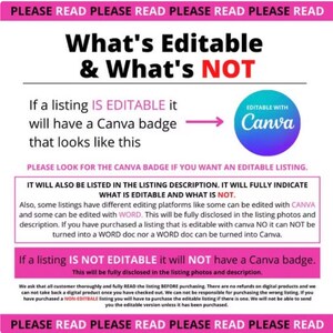 May include: A pink and white graphic with the text "What's Editable & What's NOT". The graphic explains that editable listings will have a Canva badge and will be listed in the description. It also explains that some listings may be editable with Canva or Word, and that this will be fully disclosed in the listing photos and description.