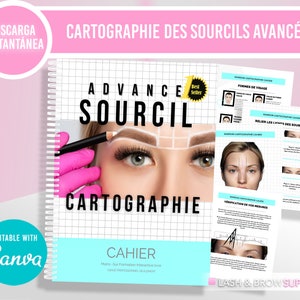May include: A pink and white guidebook with the title "Advance Sourcil Cartographie" and the text "Cahier Mains-Sur Formation Interactive livrer Usage Professionnel Sellement". The guidebook features a woman's face with a grid overlay on her eyebrows. The guidebook is open to a page with a grid and a woman's face with a grid overlay on her eyebrows. The guidebook is on a pink and white background.