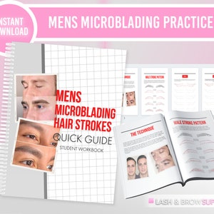 Op de afbeelding: Een gids voor microblading haarstreken met een rasterpatroon, een mannelijk streekpatroon en de techniek. De gids bevat afbeeldingen van mannen wenkbrauwen en een werkboek voor studenten.
