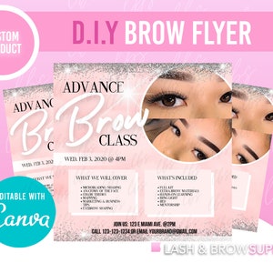 Op de afbeelding: Een roze en witte flyer met glitteraccenten die een Advance Brow Class adverteert op woensdag 3 februari 2020 om 16:00 uur. De flyer bevat informatie over wat er in de cursus wordt behandeld, wat erbij inbegrepen is en contactgegevens voor de cursus. De tekst "LASH & BROW SUPPLY" staat onderaan de flyer.