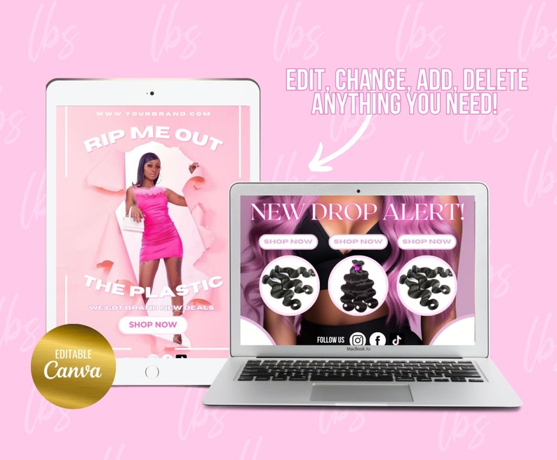 May include: Two mockups of a website design for a hair extension business. The first mockup features a pink background with the text "Rip Me Out" and "The Plastic" with a woman wearing a pink dress. The second mockup features a purple background with the text "New Drop Alert!" and three images of hair extensions. Both mockups include the text "Shop Now".