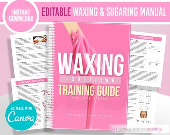 May include: A pink and white training guide for waxing and sugaring, with the title "Waxing + Sugaring Training Guide for Face & Body" and the text "Professional Course Material".