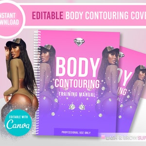 Op de afbeelding: Bewerkbare omslagen voor een body contouring trainingshandleiding met een roze en paarse gradiënt achtergrond. De omslag heeft een diamantontwerp en een foto van een vrouw. De tekst "BODY CONTOURING TRAINING MANUAL" is op de omslag gedrukt. De tekst "LASH & BROW SUPPLY" is gedrukt in de rechterbenedenhoek van de omslag.