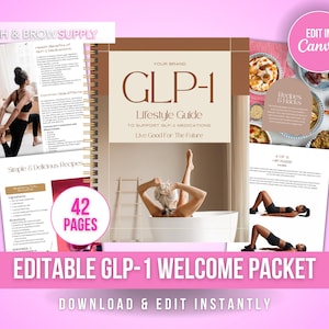 以下が含まれることがあります： 編集可能なGLP-1ウェルカムパック。ライフスタイルガイド、レシピ、エクササイズが含まれています。「GLP-1 Lifestyle Guide」と「Live Good For The Future」のテキストが表紙に表示されています。このパックには42ページが含まれています。