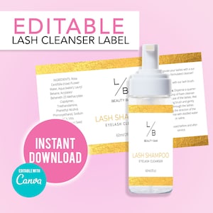 Etichetta per bottiglia in schiuma per detergente per ciglia modificabile fai-da-te, etichette per bagno per ciglia, etichette prolungate, download istantaneo, volantino personalizzabile stampabile