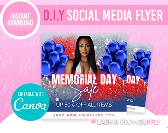 Memorial Day Flyer, Editable Memorial Day Flyer, Memorial Day Sale Flyer, Canva template, Memorial Day Sale, lash flyer, lash class