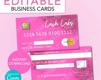 DIY bewerkbare visitekaartjes, creditcard visitekaartje, roze glitterkaarten schoonheidssalon, wimper, instant download, aanpasbare kaarten