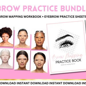 May include: A digital download bundle for brow mapping practice. The bundle includes a workbook and practice sheets. The workbook cover features a close-up of an eye with a grid pattern and the text "Brow Mapping Practice Book".