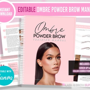 May include: Editable Ombre Powder Brow Training Manual with a pink cover and a woman's face on the front. The manual includes a cover-up and colour correction guide. The text "Ombre Powder Brow Training Manual" is written in a cursive font. The text "Includes: Cover Up & Colour Correction Guide" is written in a black box with white text. The text "Lash & Brow Supply" is written in a white box with black text.