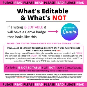 以下が含まれることがあります： 「What's Editable & What's NOT」というテキストを含むグラフィック。編集可能なリストの識別方法を説明し、Canvaバッジを表示します。画像はピンク色の枠で囲まれ、デジタル製品の編集に関する重要な情報が含まれています。