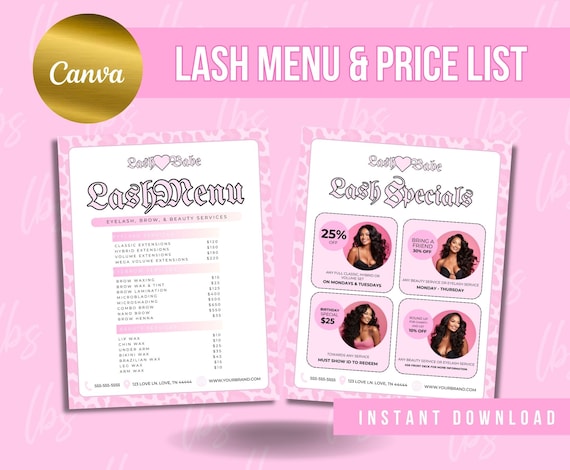 Lash Menu, Lash Price List, Lash Extensions Tech Price List, Lash Tech Services, Lash Template, Eyelash Extensions Services, Edit in Canva