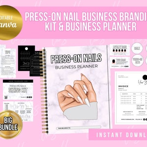 Plan de negocios y kit de marca para prensa de uñas, tarjetas de agradecimiento para uñas, paquete de historias destacadas de Instagram y kit de marca para tecnología de uñas.