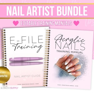 May include: Two pink training manuals with gold spiral bindings. The left manual is titled "E-File Training" and features a pink electric nail file. The right manual is titled "Acrylic Nails Training Manual" and features a hand with white acrylic nails. Both manuals have the text "Nail Artist Guide" and "For Professional Use".