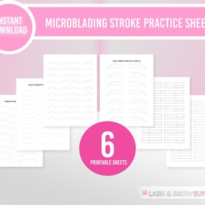 Op de afbeelding: Zes printbare oefenbladen voor microblading van wenkbrauwen. De bladen bevatten verschillende wenkbrauwvormen en -maten, evenals een sectie voor het oefenen van individuele streken. De bladen zijn ontworpen om microblading-artiesten te helpen hun vaardigheden te verbeteren en er natuurlijk uitziende wenkbrauwen te creëren.