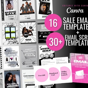 May include: A pink and black graphic with the text "16 Sale Email Templates + 30+ Email Script Templates" and the text "Editable with Canva Canva". The graphic also includes a pink circle with the text "16" and another pink circle with the text "30+". There is a pink and white book with the text "Email Scripts To Grow Your Business".