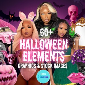 以下が含まれることがあります： ハロウィーンのグラフィックとストック画像用のプロモーション画像。画像には3人の女性、ピンクのかぼちゃ、ピンクの頭蓋骨、ピンクの車、テキスト「60+ Halloween Elements Graphics & Stock Images. Edit in Canva」が表示されています。
