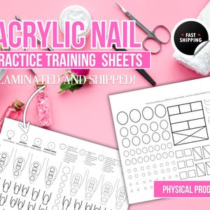 May include: Pink background with acrylic nail practice training sheets. The sheets are laminated and feature nail art designs and instructions. The image also includes nail tools, a towel, and the text "Physical Product."
