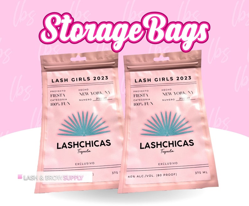 May include: Two pink storage bags with a white label that says "LASH GIRLS 2023" and "LASHCHICAS Tequila" with a palm tree design. The bags are 375 ml and 40% alc./vol. (80 proof).