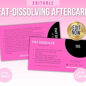 May include: Pink and black business card with the text "Fat Dissolving Aftercare" and "Edit Now" in gold lettering. The card includes a list of aftercare instructions and a logo with the text "Your Logo".