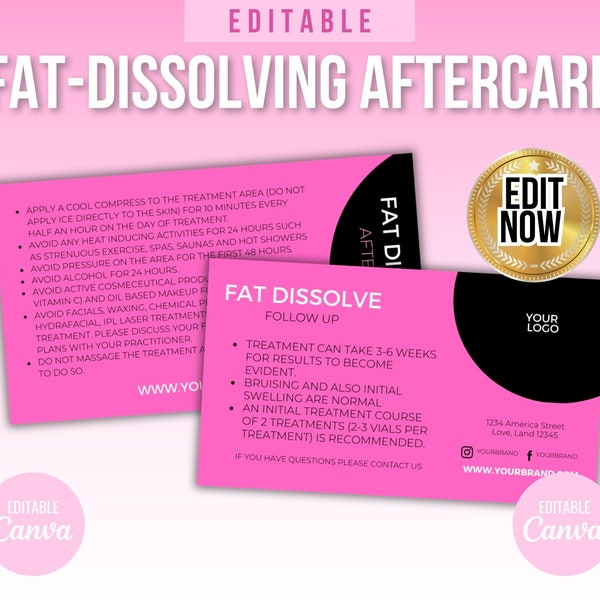 Fat Dissolving Aftercare Card, Post Care, Client Care, Aesthetic Beauty Post Care, Injectables, Face Guide, Meso Lipo, Aesthetician Document